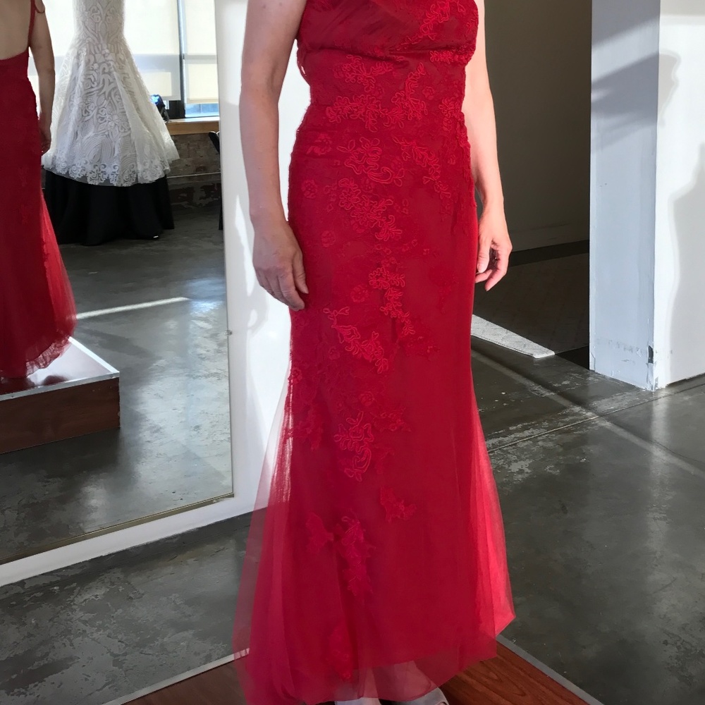 Red Lace Formal Tea Length Dress
